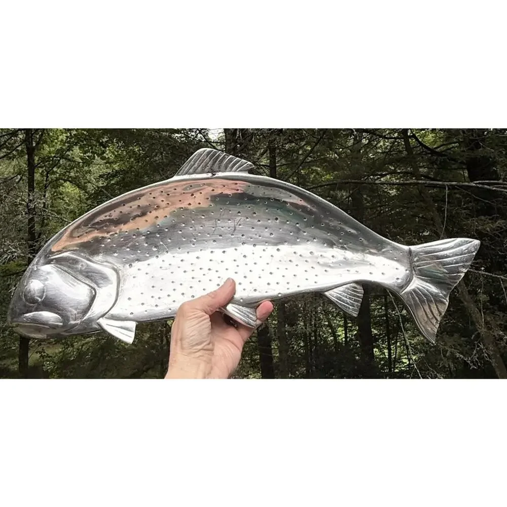 Vintage Cast Aluminum Silver Rainbow Trout Fish Shaped Serving Bowl Platter 21